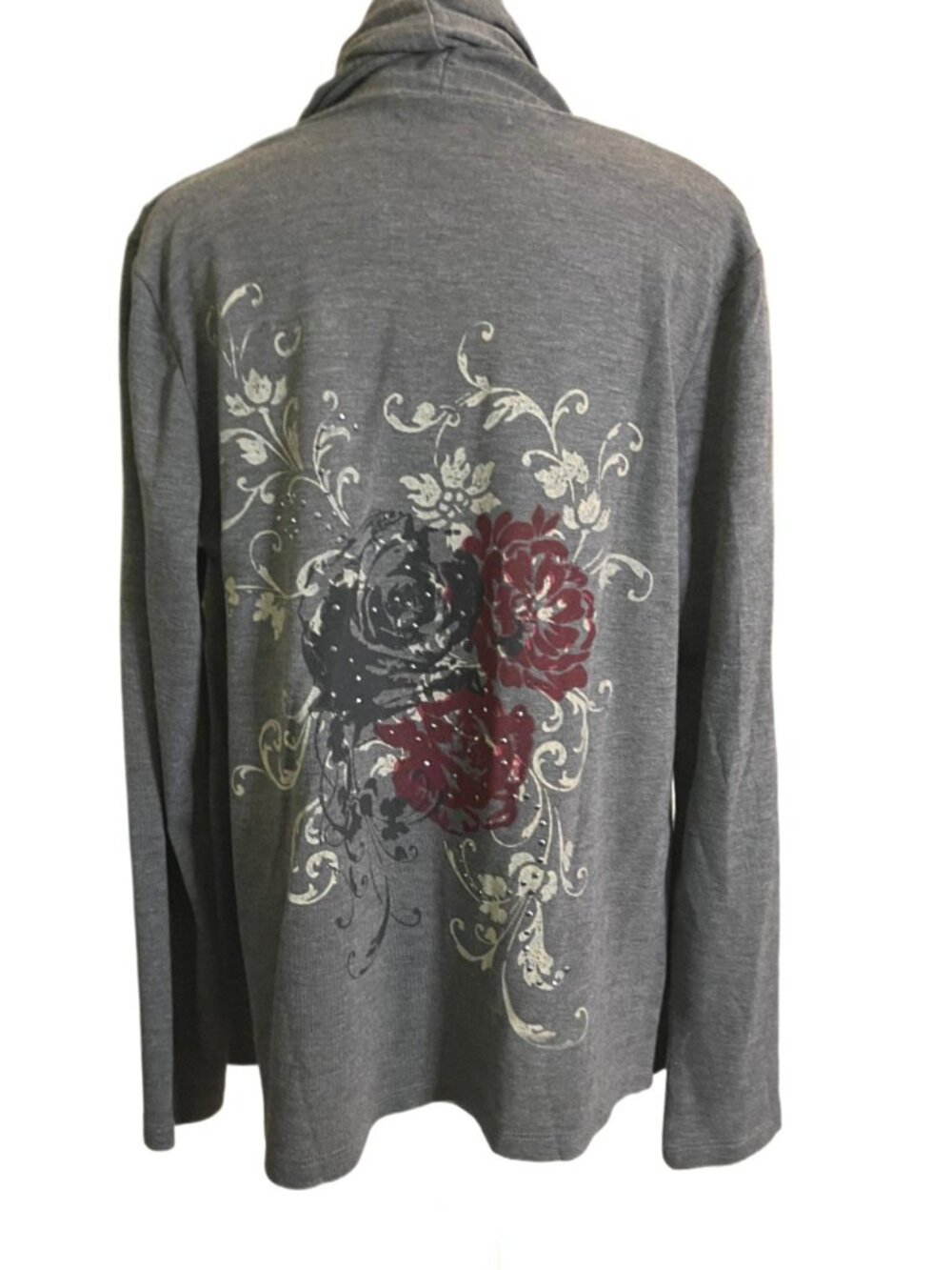 Zena Grey Long-Sleeve Open Front Cardigan with Floral Rose Design Size Med NWT